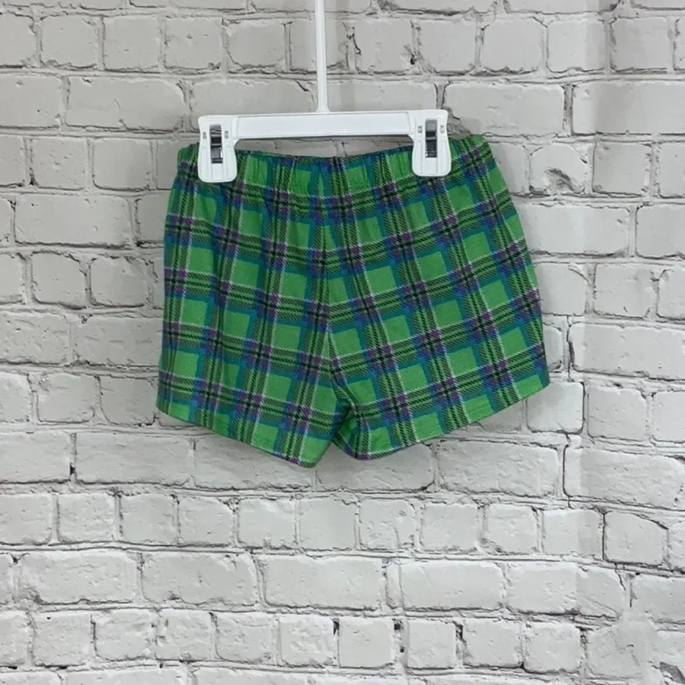 Justice 2pc Night Owl Pajama Set Girls Size 8 Navy Top Neon Green Plaid Short PJ